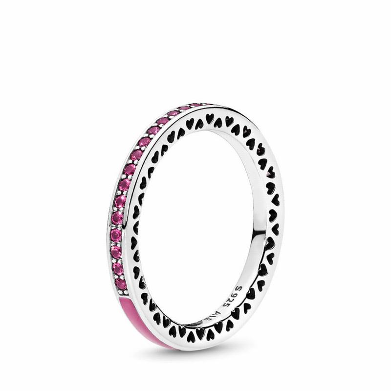 Pandora Radiant Hearts Stackable Ring - Sterling Silver/Enamel/Pink/Crystal - Canada | GD3305VO